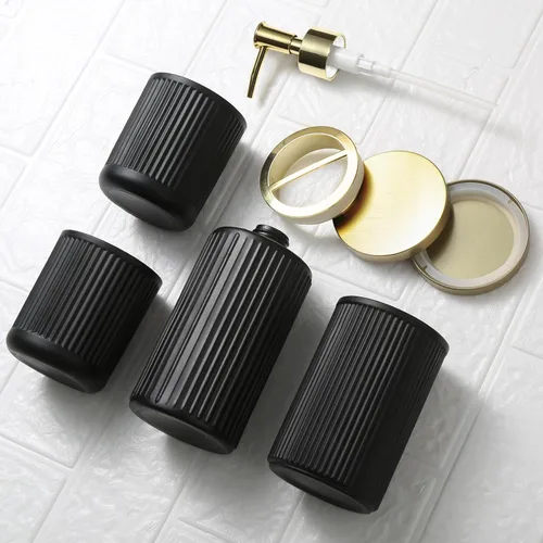 Miniatura 7 de RYTOXILO Juego de accesorios de baño negro mate y dorado, 4 paquetes de juegos de accesorios de baño de vidrio completos, juego de dispensador