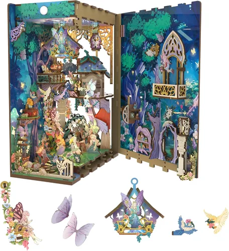 Miniatura 9 de Tonecheer Kit de rincón de libros para adultos, rompecabezas 3D de madera, kit de casa en miniatura, estante de libros para casa de muñecas, soporte
