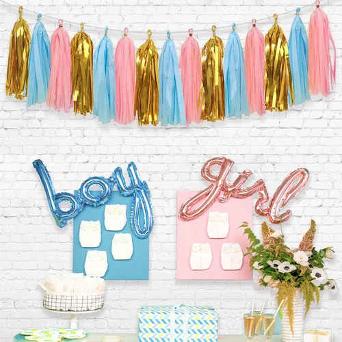 Miniatura 3 de Decoraciones de revelación de género para bebés, pancarta brillante para bebés y niños o niñas con borlas de papel de seda rosa y azul