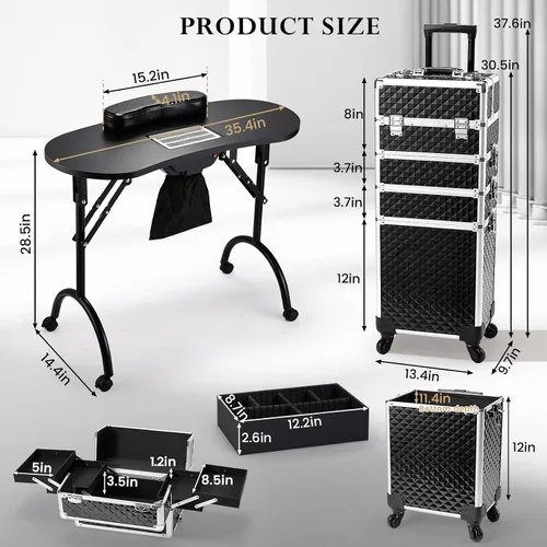 Miniatura 6 de Faquenc Mesa de manicura plegable para uñas con colector de polvo + estuche de maquillaje 4 en 1 rodante para estilistas móviles, artistas, salón