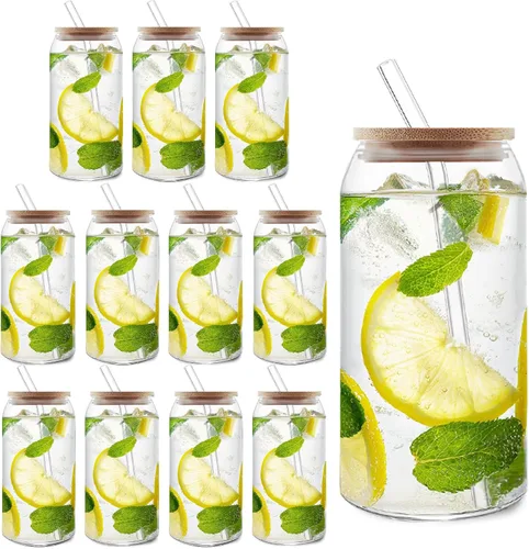 HOMBERKING Vasos de Vidrio con Tapas de Bambú y Pajitas, Juego de 12 Piezas, Vasos de Vidrio en Forma de Lata de 20 oz, Vasos de Cerveza, Taza de