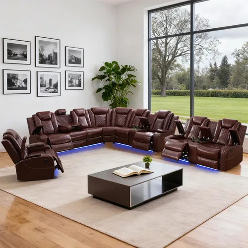 Miniatura 15 de Juego de sofá modular reclinable eléctrico con luz LED, juego de sofá modular reclinable de cuero, incluye sillón reclinable individual, juego