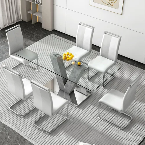 Miniatura 16 de Juego de mesa de comedor de vidrio de 71 pulgadas para 6, juego de mesa de comedor para 6, mesa de cocina moderna y 6 sillas de PU, parte superior 6