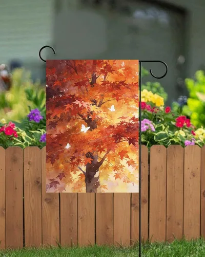 Miniatura 3 de Bandera de jardín de otoño con diseño de cuentos de hadas de fantasía, árbol, puesta de sol, mariposas, hierba, 12 x 18 pulgadas, pequeña, vertical