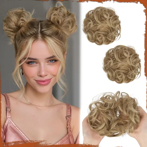 Miniatura 27 de Sofeiyan 2 piezas de extensión de cabello rizado ondulado en forma de moño desordenado, mini moño desordenado con banda elástica, peluca sintética
