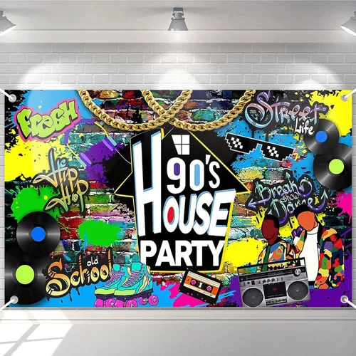 Avezano Telón de Fondo para Fiesta de los 90 en Casa con Graffiti de Hip Hop, Decoraciones Temáticas de los 90 para Fiesta en Casa, Radio Retro,