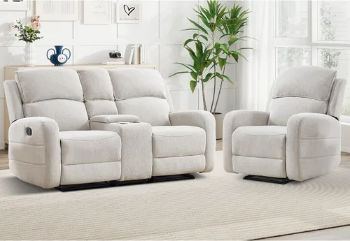Miniatura 20 de EBELLO Juego de sofá reclinable manual para sala de estar, sofá reclinable de tela suave para sala de reuniones, respaldo y apoyabrazos acolchados