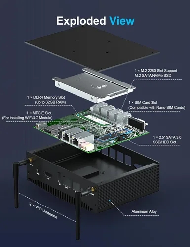 Miniatura 4 de Baieyu Computadora industrial sin ventilador Core i5-8260U, mini PC sin ventilador Windows 11 Pro 16 GB RAM DDR4 512 GB SSD, 2 puertos HD, 2 × RS232