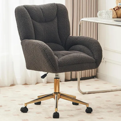 Miniatura 9 de Silla de escritorio de terciopelo suave cómoda con patas y ruedas de metal dorado, silla de oficina cómoda giratoria de 360 grados con altura Verde