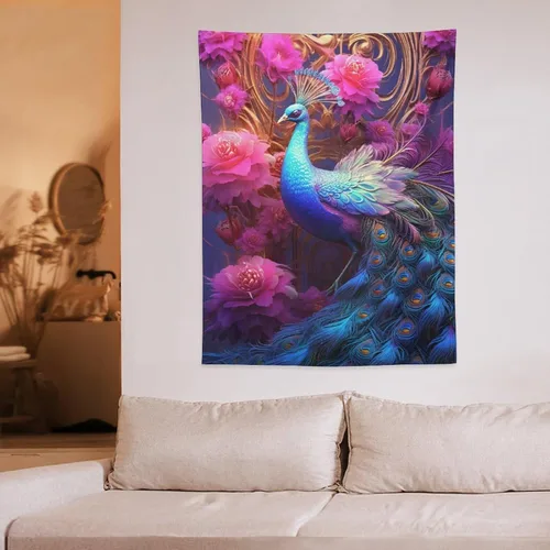 Miniatura 6 de JHION Tapiz de pavo real, hermoso tapiz de pájaro para colgar en la pared, tapices estéticos psicodélicos, arte de pared, decoración del hogar