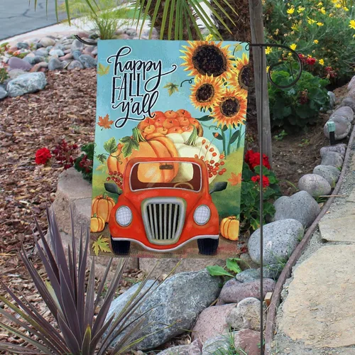 Miniatura 2 de Bandera de jardín Happy Fall Y'all – 12 x 18 pulgadas, doble cara, decoración de otoño, Halloween, cosecha de otoño, decoración de Acción de Camión