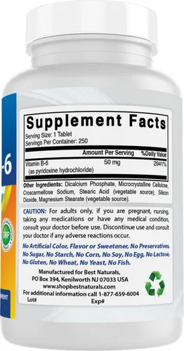 Miniatura 6 de Best Naturals Vitamina B6 50 mg 250 Comprimidos