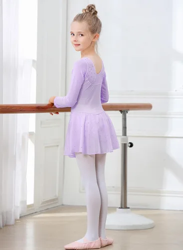 Miniatura 71 de EQSJIU Leotardo de baile de manga larga para niñas, vestido de ballet brillante con copo de nieve, tutú con falda tutú para niñas