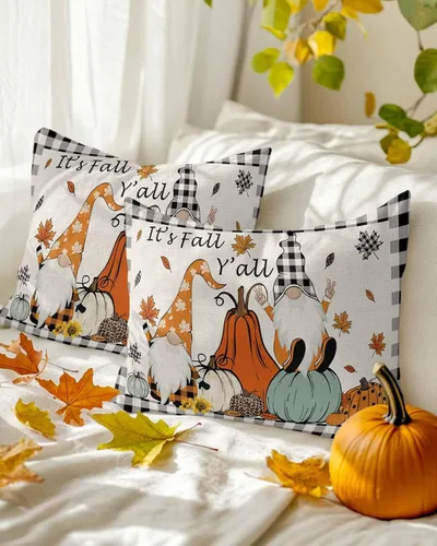 Miniatura 3 de Juego de 2 fundas de almohada de otoño de 20 x 12 pulgadas, diseño de gnomo de calabaza, fundas de cojín decorativas, fundas de almohada lumbares a