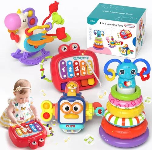 4 en 1 Juguetes para bebés de 6 a 12 meses, sensorial e infantil de apilado para 1 año, juguetes de cubo ocupado de dinosaurio para bebés de 6 a 9 a