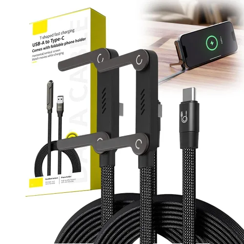 Miniatura 9 de Cable de carga rápida trenzado de 240 W con soporte para teléfono integrado, cable de carga USB-C a USB-C duradero en forma de T 2026, cable de negro