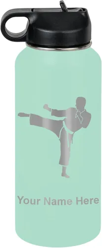 Miniatura 73 de Botella de agua personalizada LaserGram, Karate Man, de acero inoxidable con doble pared aislada al vacío con tapa abatible, regalo personalizado