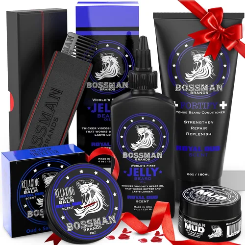 Miniatura 9 de Bossman Kit completo de gelatina de aceite para barba para hombre, acondicionador de ducha fortificante, bálsamo, cera de bigote y peine, suavizante