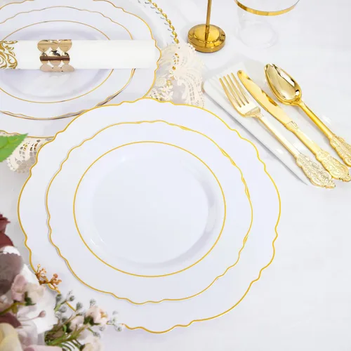 Miniatura 5 de WDF Partyware 350 Piezas de Platos Desechables Dorados para 50 Invitados, Platos de Plástico para Fiesta, Set de Vajilla de 50 Platos de Cena, 50