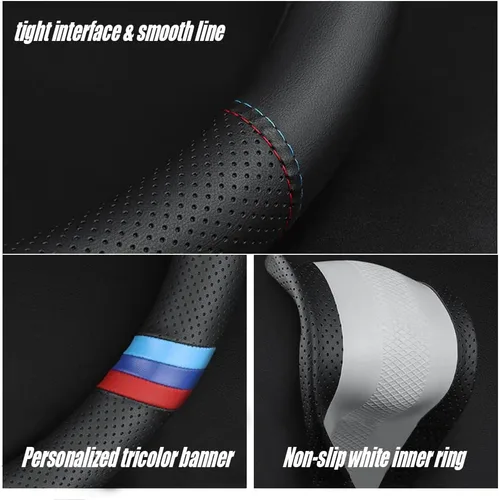 Miniatura 4 de Funda de cuero de napa para volante de automóvil, cómoda, antideslizante, estilo deportivo. Para fundas de volante de automóvil BMW, color negro