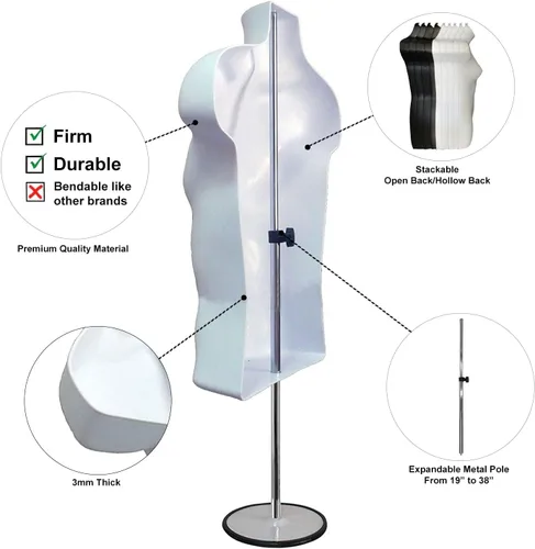 Miniatura 2 de Juego de torso de maniquí blanco para hombre y mujer, con forma de vestido con espalda hueca, con clips para ropa, soporte de metal para encimera