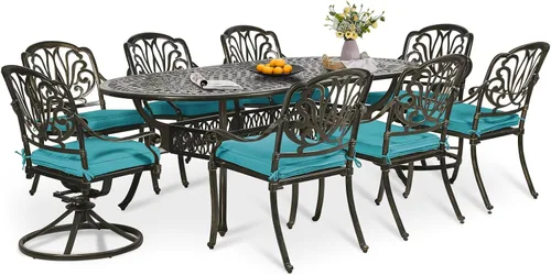 Miniatura 15 de Juego de comedor de patio de 9 piezas, mesa y sillas de patio al aire libre, mesa de comedor ovalada de aluminio fundido de 84 pulgadas con agujero