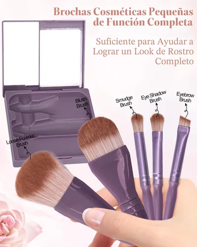 Miniatura 2 de PGRODE Mini juego de brochas de maquillaje de tamaño de viaje con estuche rígido y espejo integrado, 5 brochas pequeñas para cosméticos, kits