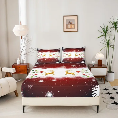 Miniatura 5 de Juego de sábanas de Navidad para niños, 3 piezas, tamaño individual, juego de ropa de cama con estampado de alce dorado y árboles de regalo