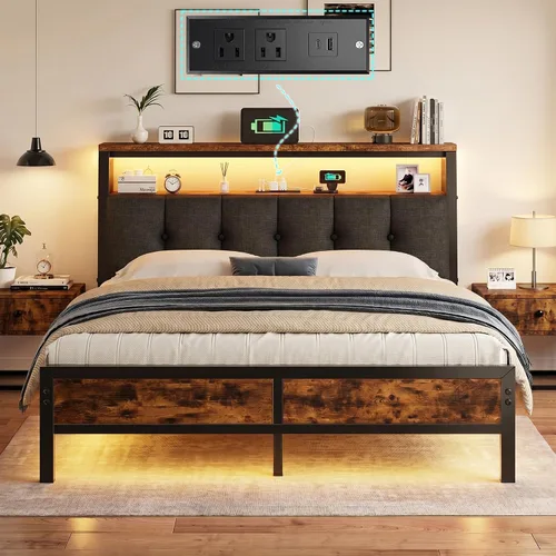 Miniatura 14 de Homkdom Base de cama de tamaño matrimonial con estación de carga, marco de cama tamaño matrimonial con luces LED con cabecera de almacenamiento Negro
