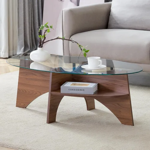 Miniatura 8 de LKTART Mesa auxiliar de vidrio, mesas auxiliares redondas de 23.5 pulgadas con superficie de vidrio templado cruzado y base de madera maciza, mesita