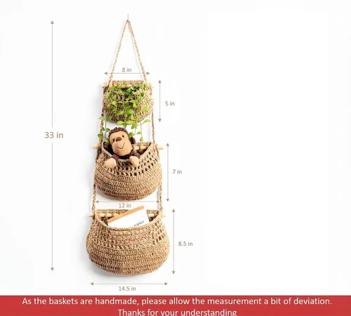 Miniatura 3 de Cesta colgante de frutas, cesta colgante de pared de yute tejida de 3 niveles para organizar, cesta colgante de productos para almacenamiento