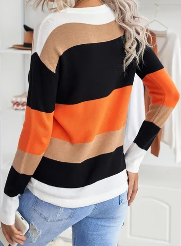 Miniatura 3 de Dokotoo Suéteres de otoño con cuello redondo, a rayas, lindos suéteres de invierno para mujer, modernos con cordón