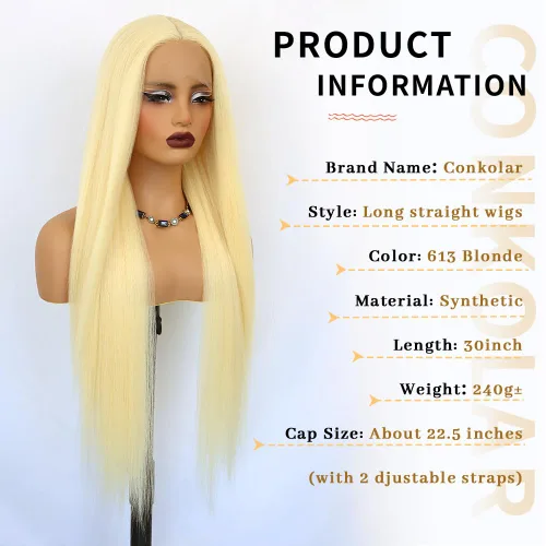 Miniatura 2 de Peluca rubia sintética con encaje frontal, predepilada 613, peluca de cabello largo para mujer, peluca sedosa y recta con parte media sin pegamento