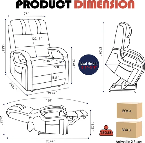 Miniatura 2 de Silla reclinable eléctrica para personas mayores, silla elevadora de doble motor con masaje por vibración y calor, reclinable plano con reposabrazos