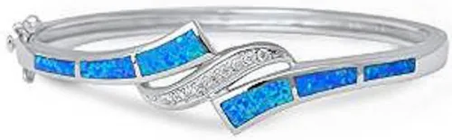 Oxford Diamond Co Pulsera de plata de ley 925 con ópalo azul y circonita cúbica creada en laboratorio, Plata de ley Circonia cúbica, Ópalo fabricado