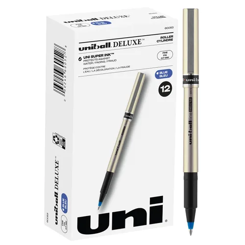 Uni-ball Bolígrafo Rollerball Deluxe, 12 azul de 0.028 in, escritura suave, tinta impermeable, punta fina, suministros de oficina