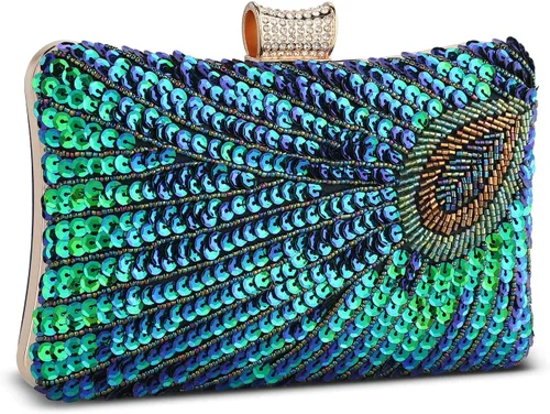 Miniatura 8 de UBORSE Bolsos de embrague de noche de pavo real con lentejuelas con cuentas Bolso de noche vintage Bolso de boda de fiesta de 1920