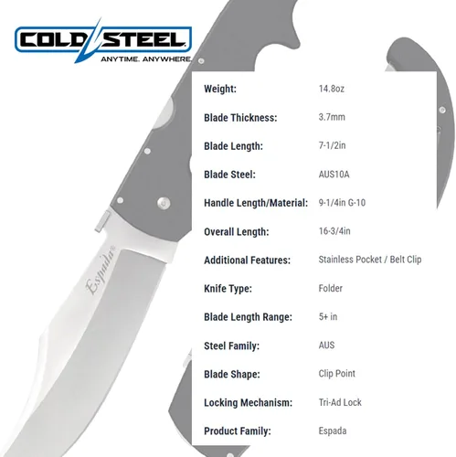 Miniatura 5 de Cold Steel Espada AUS10A - Cuchillo plegable de bolsillo táctico con cuchillas ultraafiladas de acero negro mate G-10 con bloqueo Tri-Ad