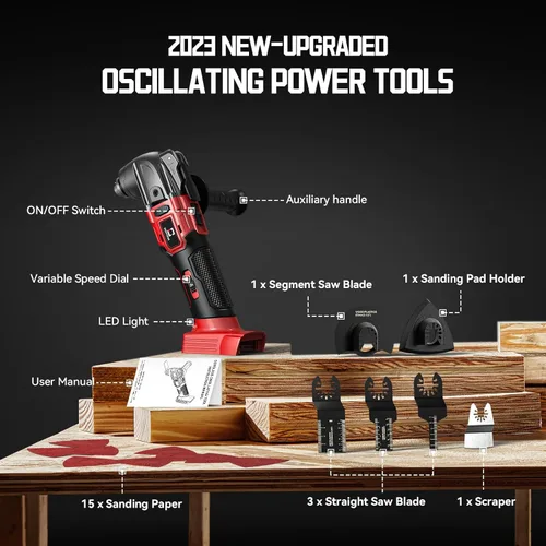 Miniatura 4 de Cerycose Herramienta oscilante inalámbrica compatible con batería Milwaukee de 18 V, 21000 OPM Max sin escobillas con mango auxiliar, Rojo