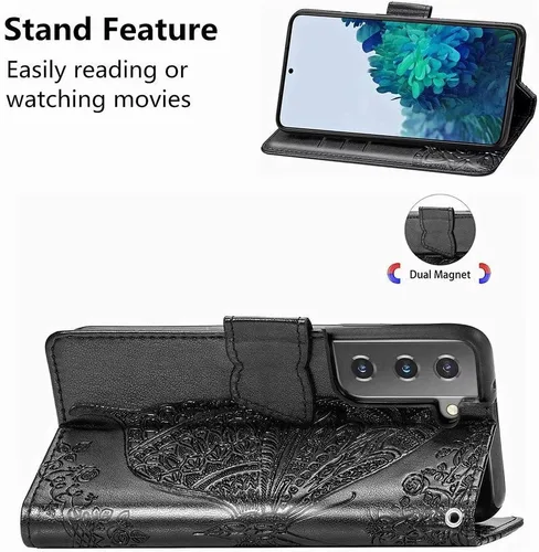 Miniatura 4 de Funda tipo cartera para Samsung Galaxy S21+/S21 Plus, piel sintética de alta calidad con estampado de flores de mariposa en relieve, función atril