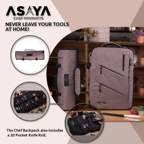 Miniatura 4 de Asaya Mochila para cuchillos de chef con bolsa enrollable de 20 bolsillos, más de 30 bolsillos para cuchillos, cuchillos no incluidos (marrón)