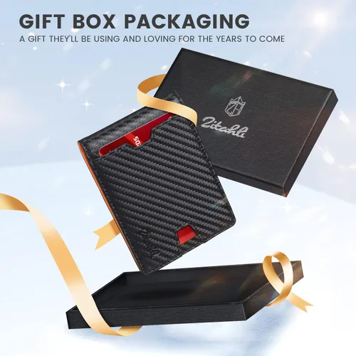 Miniatura 56 de Zitahli Billetera para hombre, de piel fina, con bloqueo RFID, minimalista, plegable, tarjetero con caja de regalo