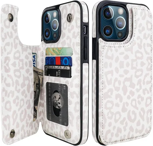 Miniatura 7 de HAOPINSH para iPhone 13 Estuche tipo cartera con tarjetero, patrón de leopardo blanco y guepardo, funda con tapa trasera para mujer y niña, ranuras