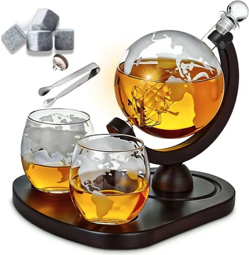 Juego de decantador de whisky con 2 vasos de whisky grabados | Decantador de licor | Piedras de whisky, pinza de hielo, embudo - Regalos para