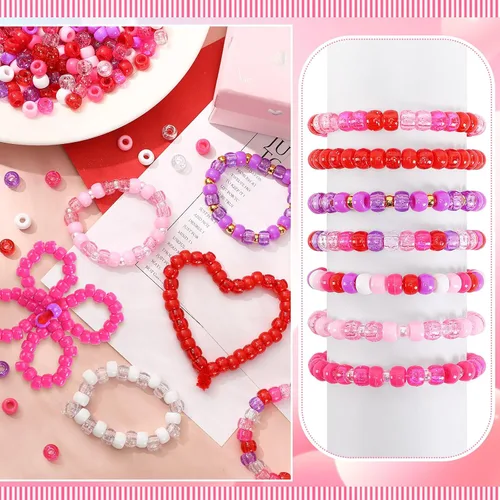 Miniatura 4 de UPINS Cuentas de pony para el día de San Valentín, 1200 piezas de cuentas de plástico redondas de colores rosa, rojo, púrpura y brillantes