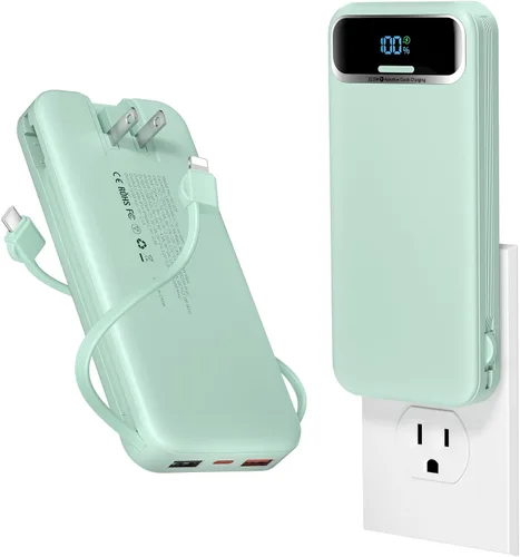 Miniatura 10 de Cargador portátil ligero de 12000 mAh con cables integrados y enchufe de pared de CA, batería de carga rápida PD20W USB-C, pantalla LED, cargador