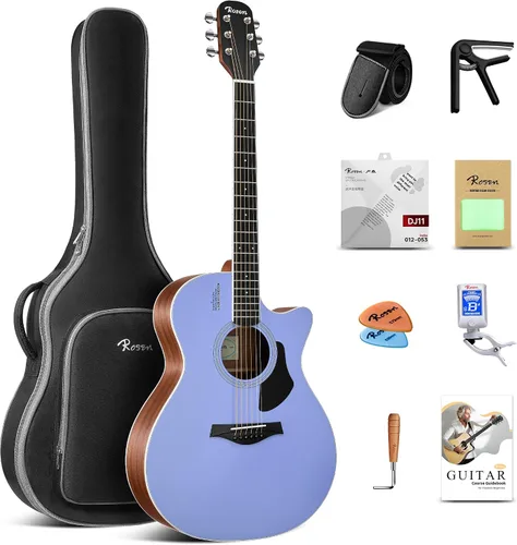 Miniatura 9 de Rosen Guitarra acústica Dreadnought de tapa sólida de 104 cm con abeto, para principiantes, con libro, bolsa acolchada, cuerdas, púas, llave Azul