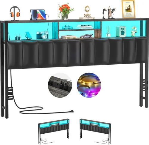 Miniatura 21 de Cabecero Aheaplus para Cama Individual con Almacenamiento, Cabeceros con Enchufes, Puertos USB y Luz LED, Cabecero Individual Solo, Altura