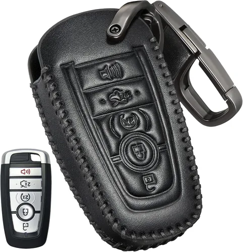 Slohif Funda de cuero para llavero Ford para Edge Escape Expedition Explorer Fusion Mustang Ranger F-150 F-250 5 botones, funda de cuero+anillo en D