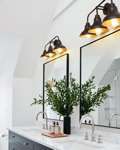 Miniatura 4 de Lámparas de tocador de baño de granja de 25 pulgadas, lámparas de baño de 3 luces sobre espejo, apliques rústicos de pared con pantalla de metal